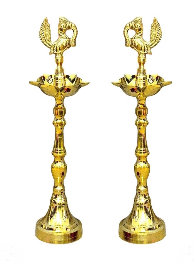 Denique Brass Nakshi Peacock Kerala Mahabharat Oil/Ghee Diya, Deepak, Lamp Design Long Diyas for Home, Pooja Room, Pancharti, Panchmukhi Diya for Puja, Decoration, Aarti,(21 C.M) Pack of (2) - Image 4